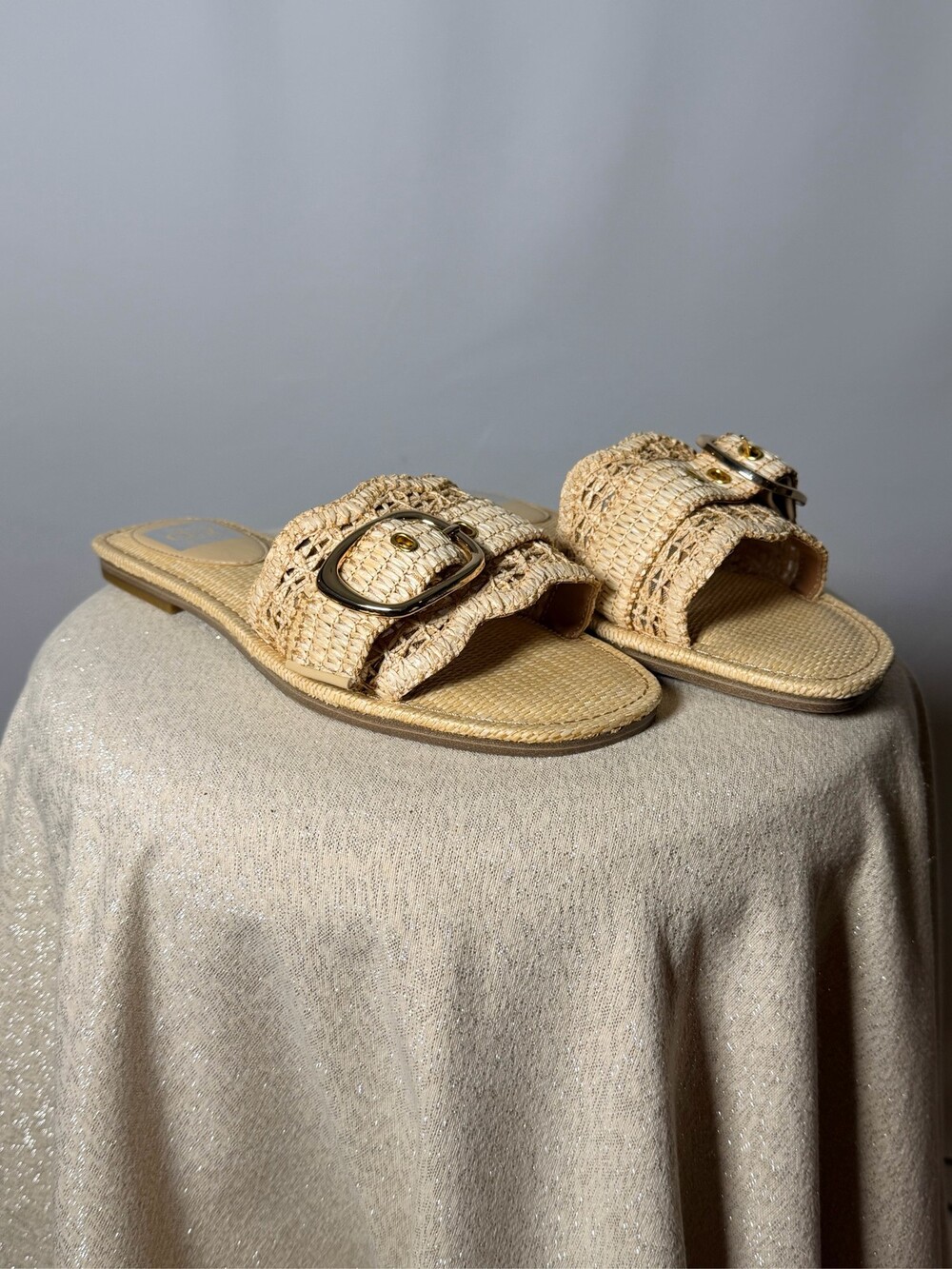 DV Dolce Vita Women Natural Raffia Woven Buckle Slide Sandals Flat Shoes